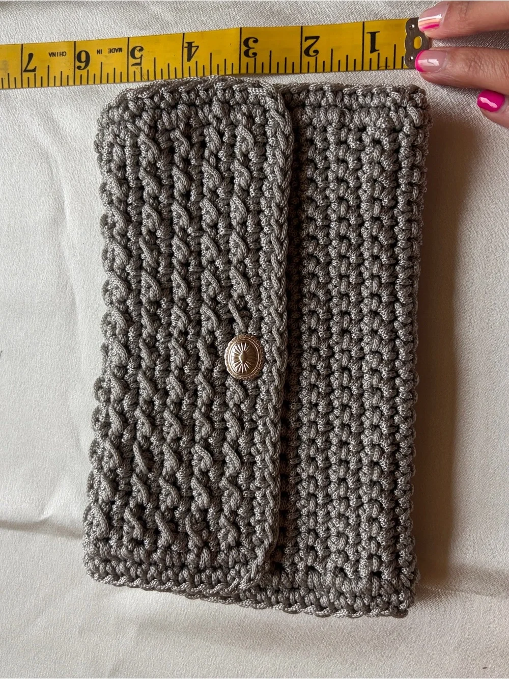 Handmade Gray Crochet Clutch Wallet with Button Closure